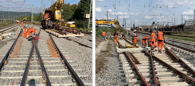 Track renewal with track construction crews and a track crane