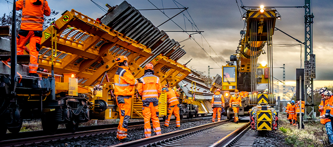 Track Construction and Heavy Machinery Beneath the Cable-Stayed Bridge in Raunheim