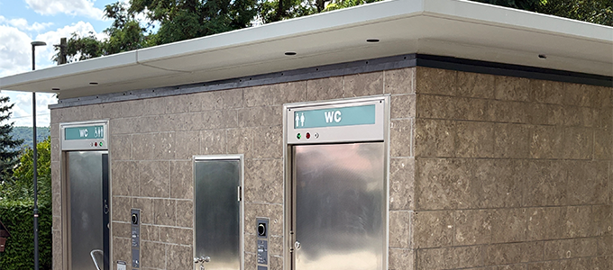 Restroom facility with a sandstone facade